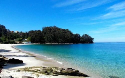 a view of a beach with blue water and trees at CASA VEIGA in Pontevedra