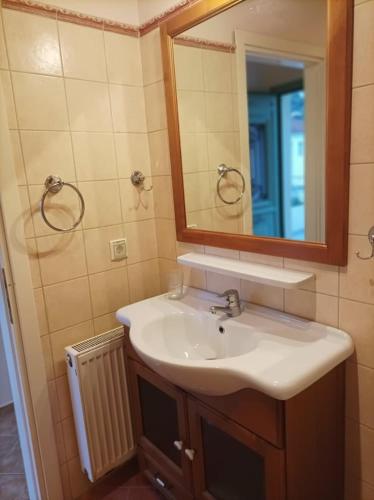 a bathroom with a sink and a mirror at Lourantos Bayside Apartments in Vathi