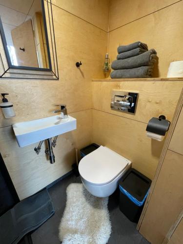 małą łazienkę z toaletą i umywalką w obiekcie Domek na drzewie Ceprowo w Szczyrku