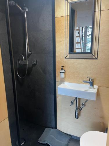 a bathroom with a sink and a shower at Domek na drzewie Ceprowo in Szczyrk