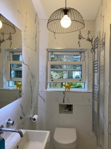 baño con aseo y lavabo y ventana en West Beach House -Sea Views en Cobh