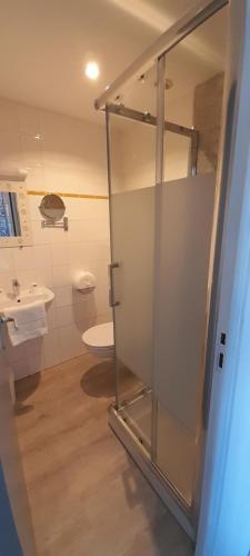 a bathroom with a toilet and a glass shower door at Hotel Au Spatial in Amiens