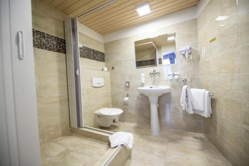 a bathroom with a sink and a toilet and a shower at Old Prague Hotel in Prague