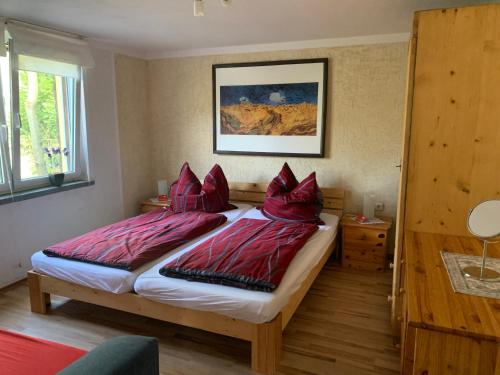 1 dormitorio con 2 camas y almohadas rojas en Ferienhaus Fröhlich, en Albernau