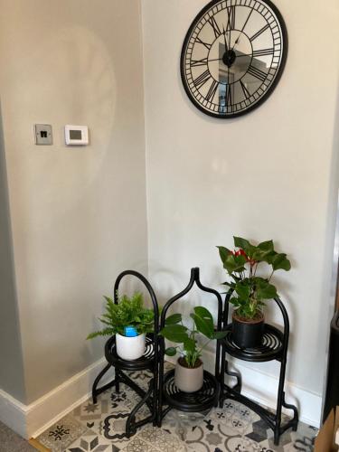 a clock on the wall above two tables with plants at Rooftops - bijou sister apartment to Assembly View - free parking permit provided in Ludlow