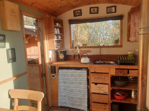 una pequeña cocina con fregadero y ventana en Tiny Home en Letterston