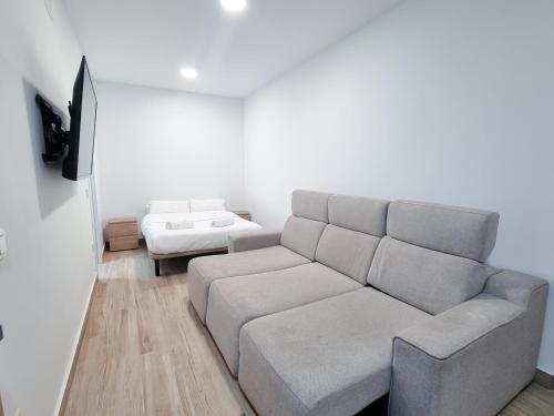 a living room with a couch and a tv at Metropolitan apartments in Madrid