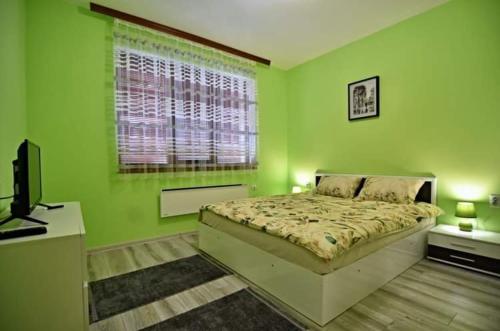a green bedroom with a bed and a window at Апартамент Фреш in Velingrad