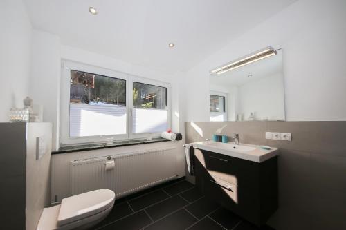 a bathroom with a toilet and a sink and a window at Ferienwohnungen Wartbichler in Lofer