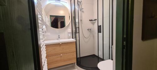 a bathroom with a shower and a sink and a mirror at Gościniec Na Brzyzku in Białka Tatrzańska