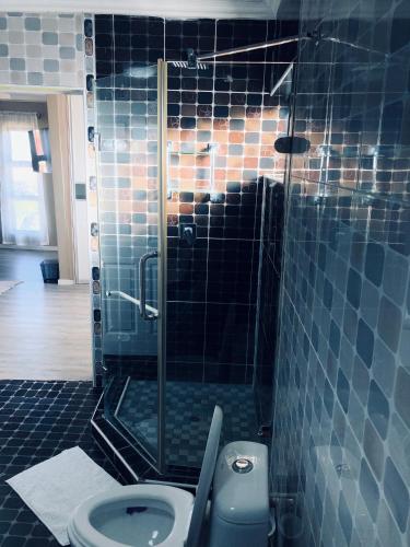 a bathroom with a toilet and a glass shower at Gabz Airport Inn in Gaborone