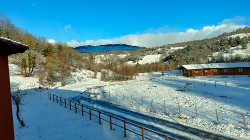 a snow covered field with a fence and a building at Apartaments Cel i Fusta in Camprodon