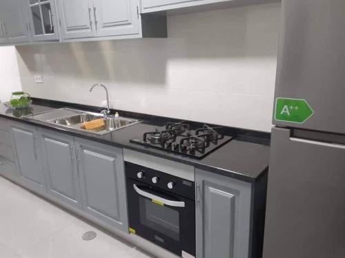 cocina con fogones y fregadero en Apartamento T1 Moderno com Wi-Fi, en Praia