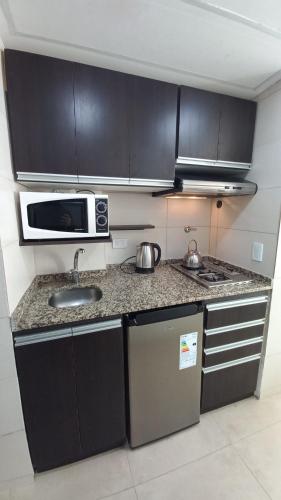 a kitchen with a sink and a microwave at El encanto del lago in San Carlos de Bariloche