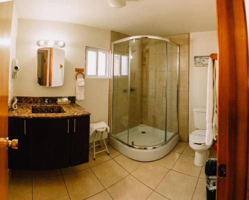 a bathroom with a shower and a toilet and a sink at Quinta Sofia Valle de Guadalupe in Valle de Guadalupe