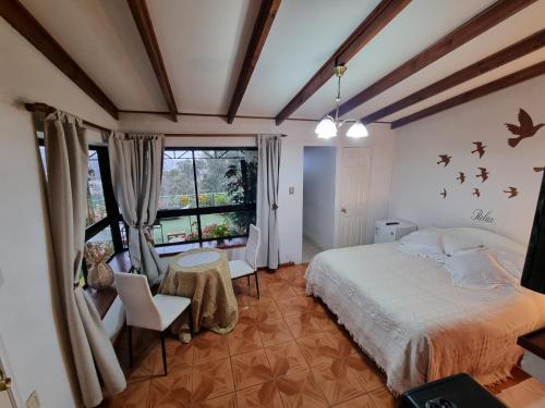 a bedroom with a bed and a large window at Posada Verde Natura in Viña del Mar