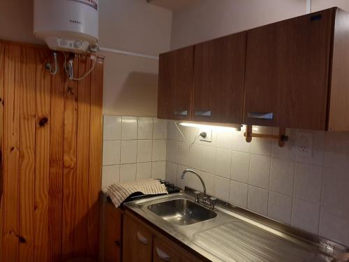 a kitchen with a sink and wooden cabinets at La Escalerita- Estadio Kempes in Cordoba