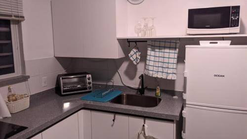 a small kitchen with a sink and a microwave at Breathtaking View - Playa Lagun - Curacao in Lagun