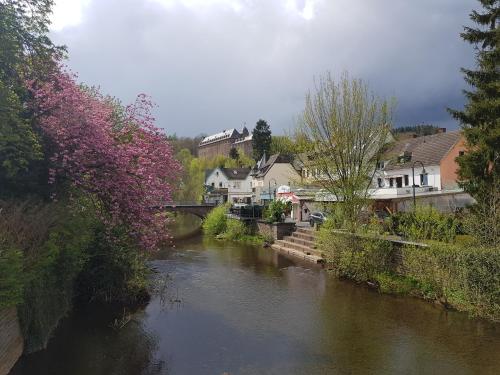 a river in a town with a bridge and houses at Apartment Deluxe, inklusive WLAN, Parkplatz und Netflix in Schleiden