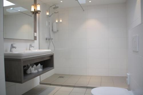 a bathroom with a sink, toilet and shower stall at Hotel Andante aan Zee in Scheveningen