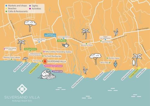 a map of the city of sarota with attractions at Silversand Villa in Tanah Lot
