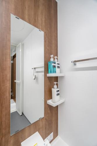 a bathroom with a mirror and a sink at HANASTAY花渓居 · 海（UMI) in Osaka
