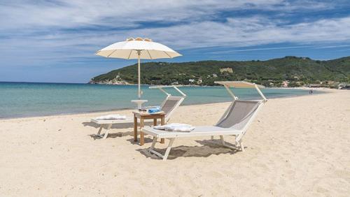 due sedie e un ombrellone su una spiaggia di Park Hotel Napoleone a Portoferraio