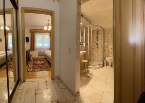 a bathroom with a shower and a toilet at Pension Sedlak in Millstatt