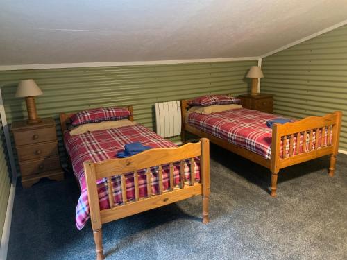 two beds in a room with green walls at Hay View Lodges - Barn End in Hay-on-Wye