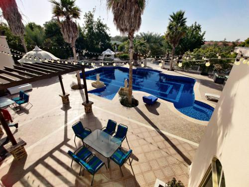 a swimming pool with blue chairs and palm trees at Sara Farm in Abu Dhabi