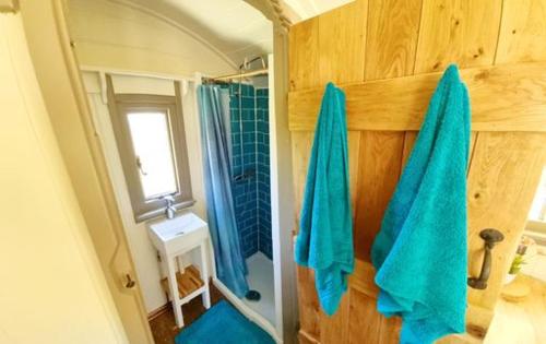 a bathroom with blue towels hanging on a wall at Pen Bryn Shepherd Hut in Hay-on-Wye