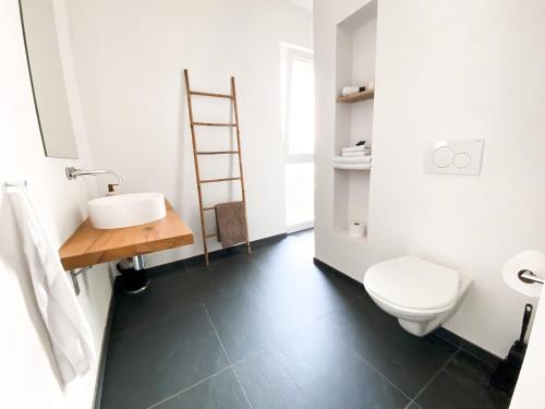 a bathroom with a white toilet and a sink at Lake View Homestay with Private Room and Bathroom in Châtillon