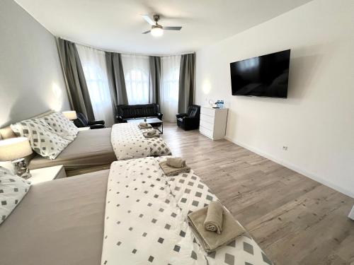 a living room with a couch and a flat screen tv at GrandLux Villa & Spa in Teplice