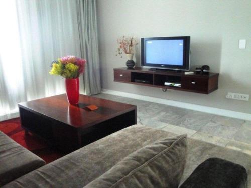 a living room with a television and a vase of flowers at 312 HARBOUR BRIDGE in Cape Town