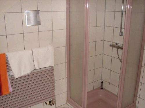 BielatalにあるFerienwohnung im DG, Parkplatz vorm Haus, WLANのバスルーム(ガラスドア付きのシャワー付)