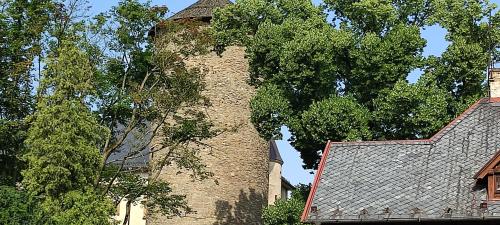 a tall brick building with trees in front of it at Apartmán maxi - Café Princ pod hradem KLIMA, WiFi in Šternberk