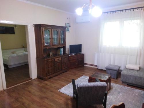 a living room with a couch a table and a tv at Mala bašta in Bajina Bašta