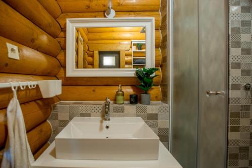 Koupelna v ubytování Luksuzna drvena kuća Babylonica sa bazenom,teniskim terenom i wellnesom