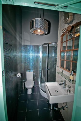 a bathroom with a toilet and a sink at Loft Sen Pszczoły in Warsaw