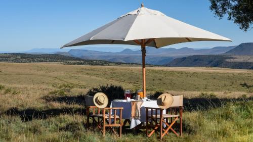 a table and chairs under an umbrella in a field at Mount Camdeboo Private Game Reserve by NEWMARK in Graaff-Reinet