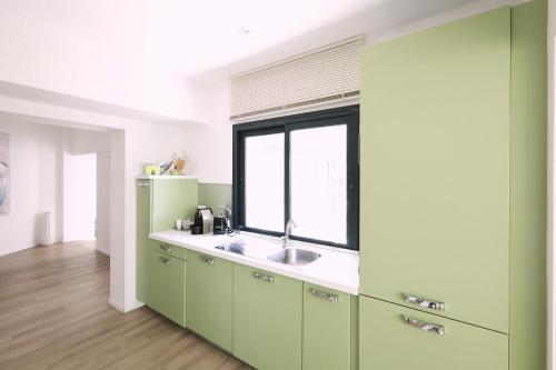 d'une cuisine avec des placards verts, un évier et une fenêtre. dans l'établissement Appart' Hotel La Girafe Marseille Est - Porte d'Aubagne, à La Penne-sur-Huveaune