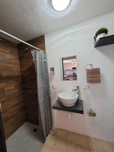 a bathroom with a sink and a shower at D-08NOVAGA DOWNTOWN CANCUN in Cancún