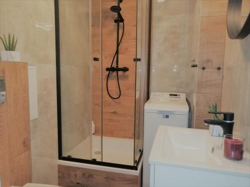 een douche met een glazen deur in de badkamer bij Nadmorski Zojka-Apartament Gdańsk in Gdańsk