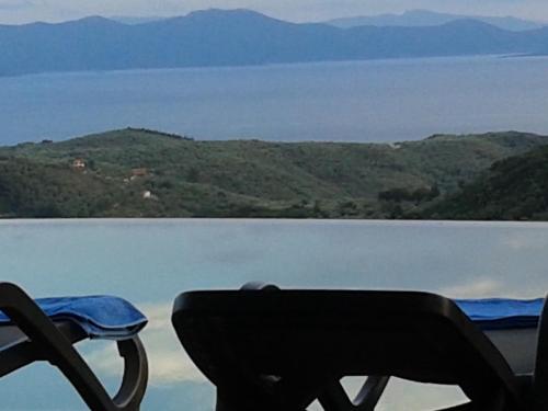 a bench sitting in front of a body of water at Hotel Dryalos in Miléai