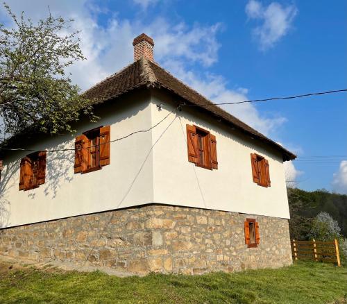 ein altes Haus mit hölzernen Fensterläden darauf in der Unterkunft Rudnički Eko Breg in Rudnik