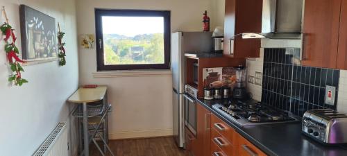 a kitchen with a stove and a counter top at Penthouse Apartment Sleeps 11 in Edinburgh