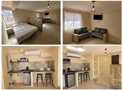 four different pictures of a living room and a kitchen at D-07 NOVAGA DOWNTOWN CANCUN in Cancún