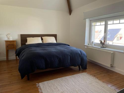 ein Schlafzimmer mit einem Bett mit einer blauen Decke und einem Fenster in der Unterkunft La Villa L'Escale in Audresselles