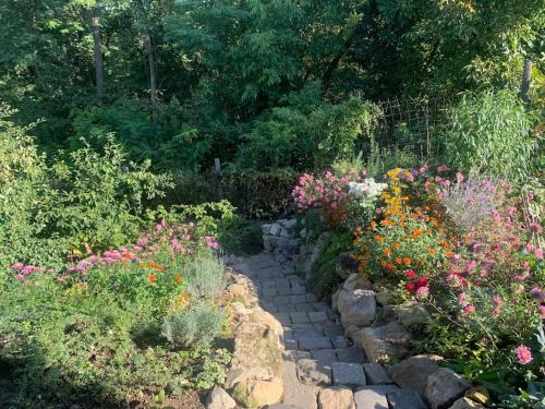 a garden with colorful flowers and a stone path at Tündérrózsa vendégház in Tahitótfalu