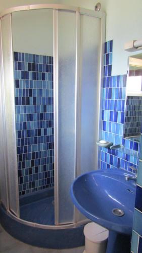 a bathroom with a shower and a blue sink at CHAMBRE salle de bains privée Jardin Arboré in Montpellier